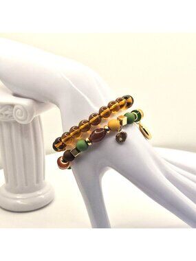 Amber Beaded Bracelet Set With Gold Accents & Charms Handmade Stretch Jewelry